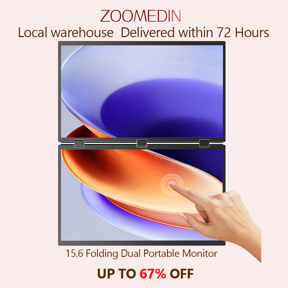 ZOOMEDIN 15.6" Dual/Single Screen FHD 1080p Portable Monitor with Built-in Stand, 360° Rotation, and USB-C Connectivity - Local Delivery