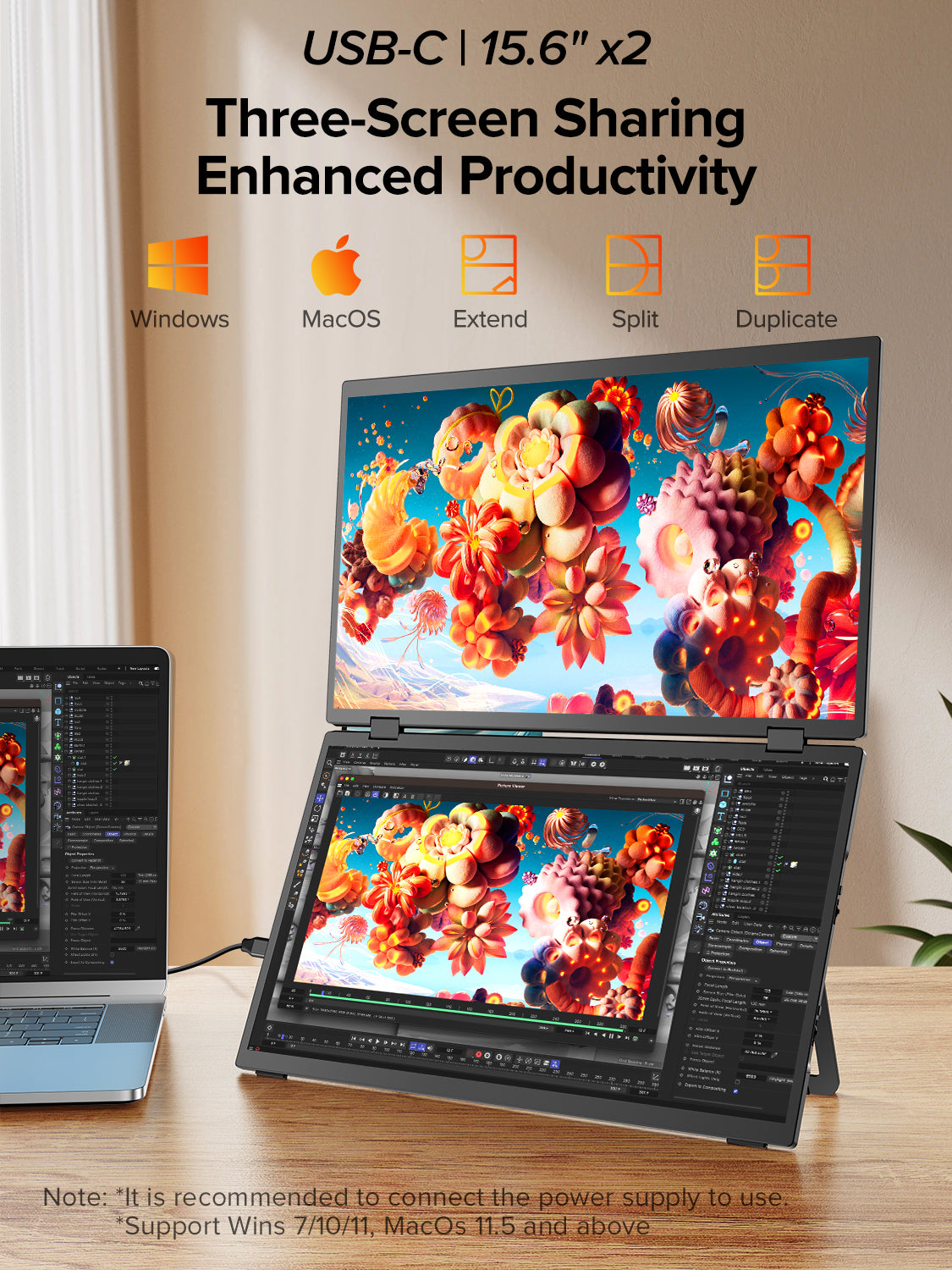 ZOOMEDIN 15.6" Dual/Single Screen FHD 1080p Portable Monitor with Built-in Stand, 360° Rotation, and USB-C Connectivity - Local Delivery