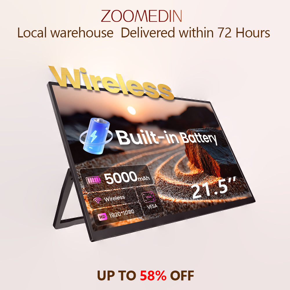 ZOOMEDIN 15.6''/18.5''/21.5''/23.8'' FHD Wireless & Built-in Battery Version Portable Monitor Professional Level E-Sports And Designer Level Color Rendering Laptop Extender Monitor for PS5/4 Xbox Switch Phone PC.