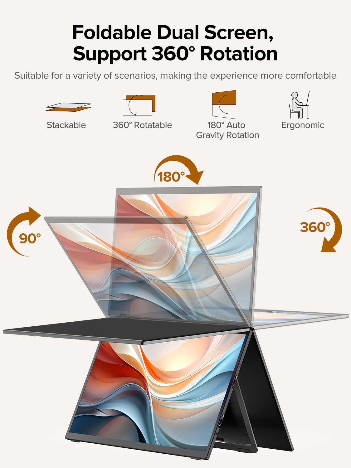ZOOMEDIN 15.6" Dual/Single Screen FHD 1080p Portable Monitor with Built-in Stand, 360° Rotation, and USB-C Connectivity - Local Delivery