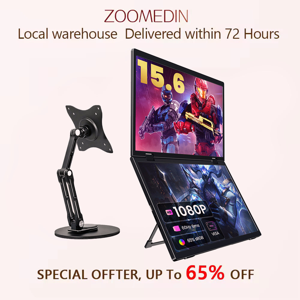 ZOOMEDIN 15.6" Dual/Single Screen FHD 1080p Portable Monitor with Built-in Stand, 360° Rotation, and USB-C Connectivity - Local Delivery