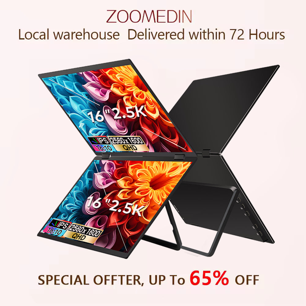 ZOOMEDIN 15.6" Dual/Single Screen FHD 1080p Portable Monitor with Built-in Stand, 360° Rotation, and USB-C Connectivity - Local Delivery