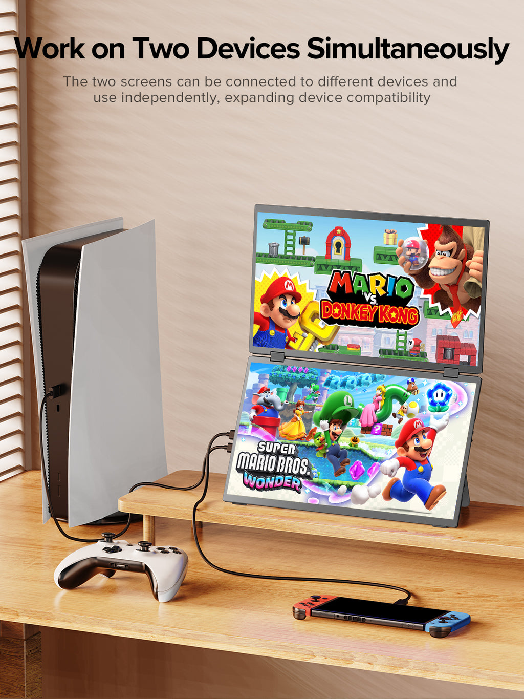 ZOOMEDIN 15.6" Dual/Single Screen FHD 1080p Portable Monitor with Built-in Stand, 360° Rotation, and USB-C Connectivity - Local Delivery