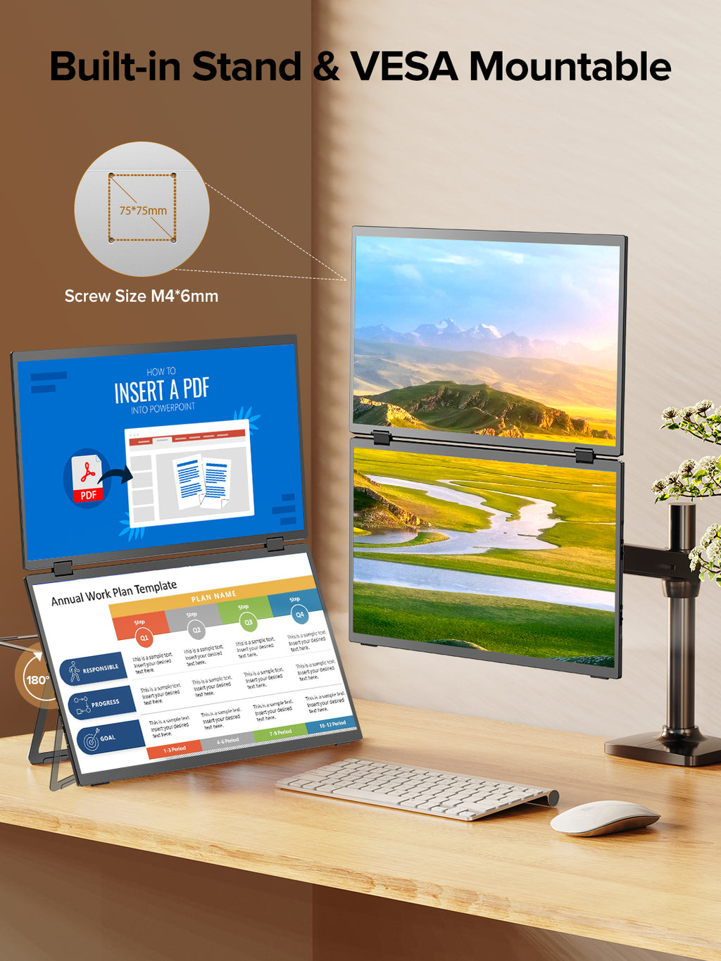 ZOOMEDIN 15.6" Dual/Single Screen FHD 1080p Portable Monitor with Built-in Stand, 360° Rotation, and USB-C Connectivity - Local Delivery