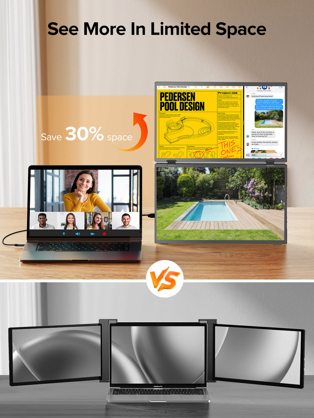 ZOOMEDIN 15.6" Dual/Single Screen FHD 1080p Portable Monitor with Built-in Stand, 360° Rotation, and USB-C Connectivity - Local Delivery