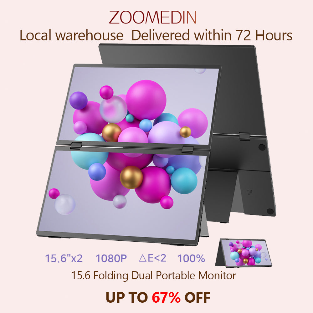 ZOOMEDIN 15.6" Dual/Single Screen FHD 1080p Portable Monitor with Built-in Stand, 360° Rotation, and USB-C Connectivity - Local Delivery